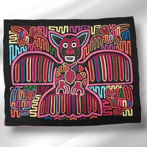 MOLA Kuna Panama Indians Bat Cat Bird Embroidered Applique Folk Art Vintage